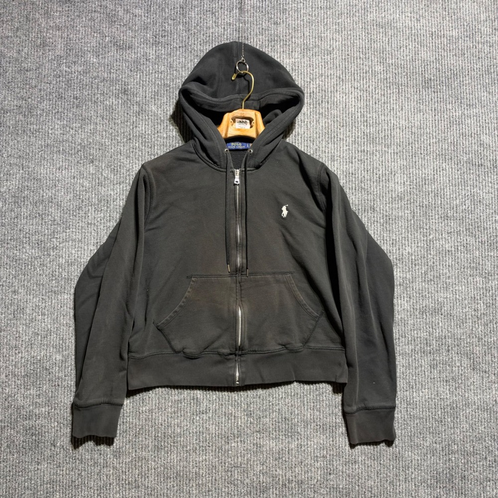 Polo Ralph Lauren Zip Hoodie Womens Large Black Faded Pony Logo Long Sleeve